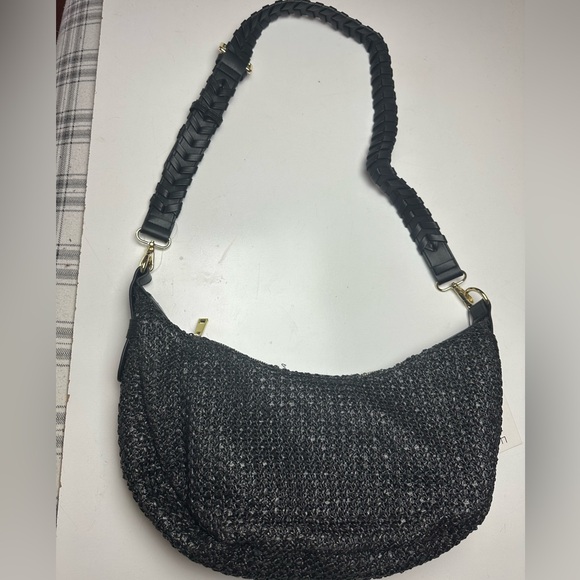 Jules Kae Zola Black Straw Moon Shaped FauxVegan Leather Braided Strap Purse NWT - Picture 5 of 16